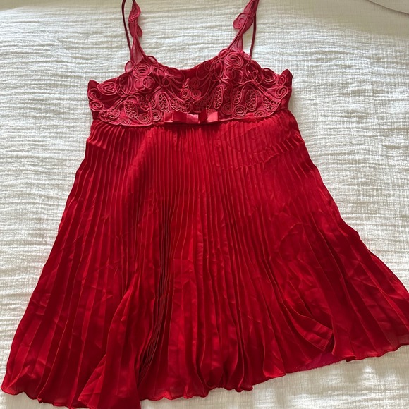 Rare Vintage Troika Red Soutache Ribbon Pleated Mini Dress - Large